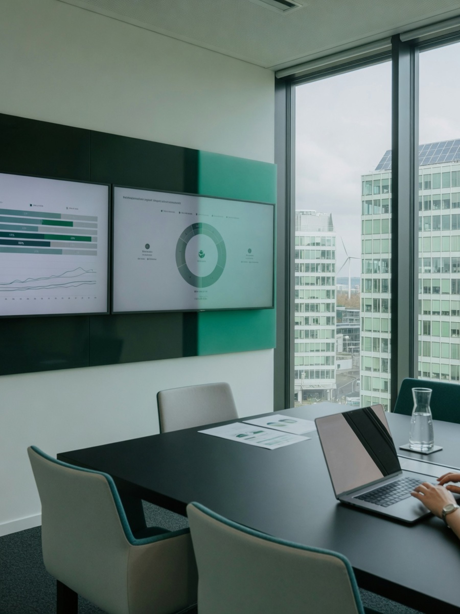 Salle de réunion sobre avec écrans de reporting de durabilité, tour de bureaux moderne en arrière-plan, lumière naturelle et accent teal