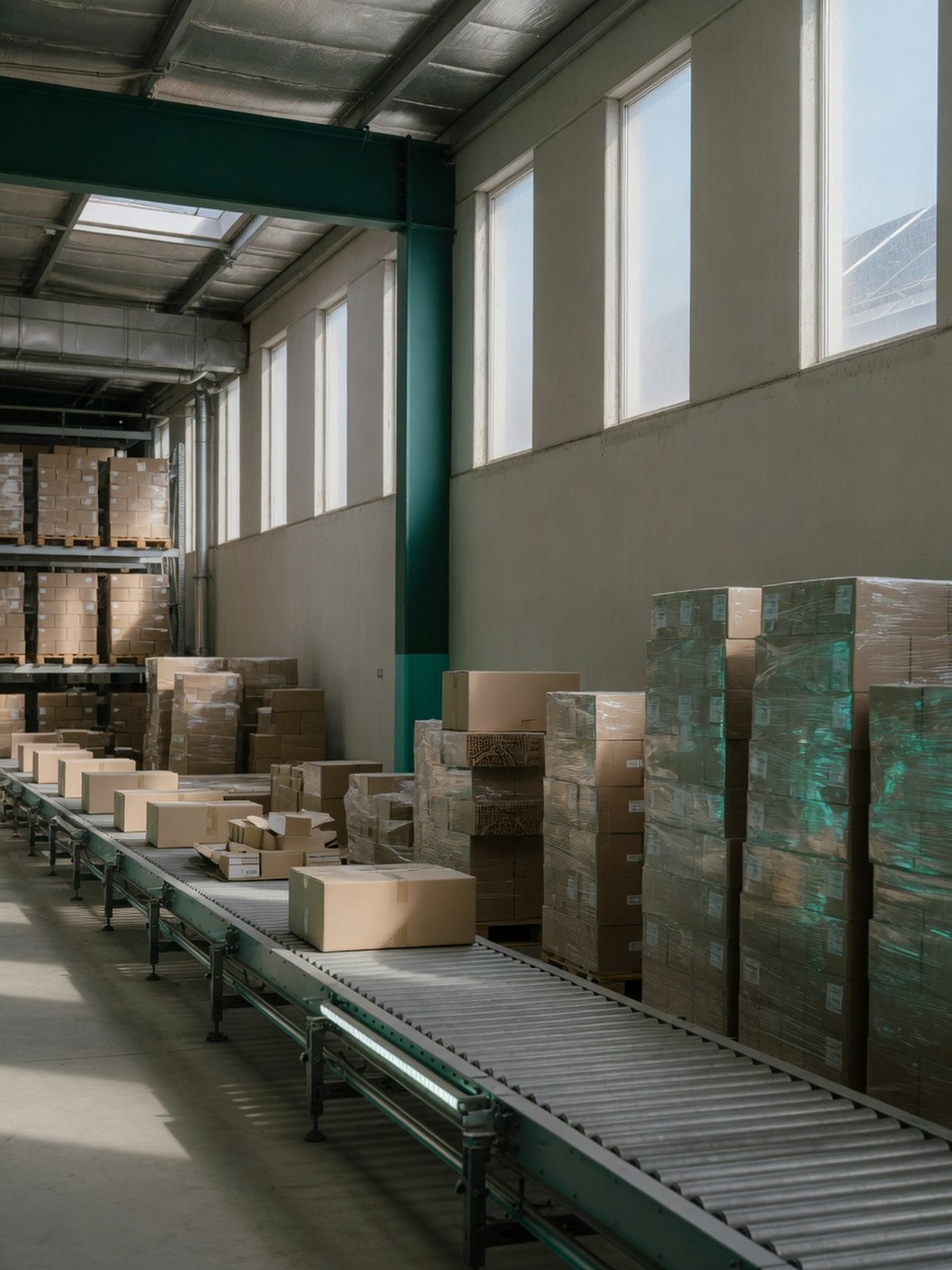 Ligne logistique et palettes prêtes à l'expédition dans un entrepôt, illustrant la chaîne de valeur fournisseurs du scope 3