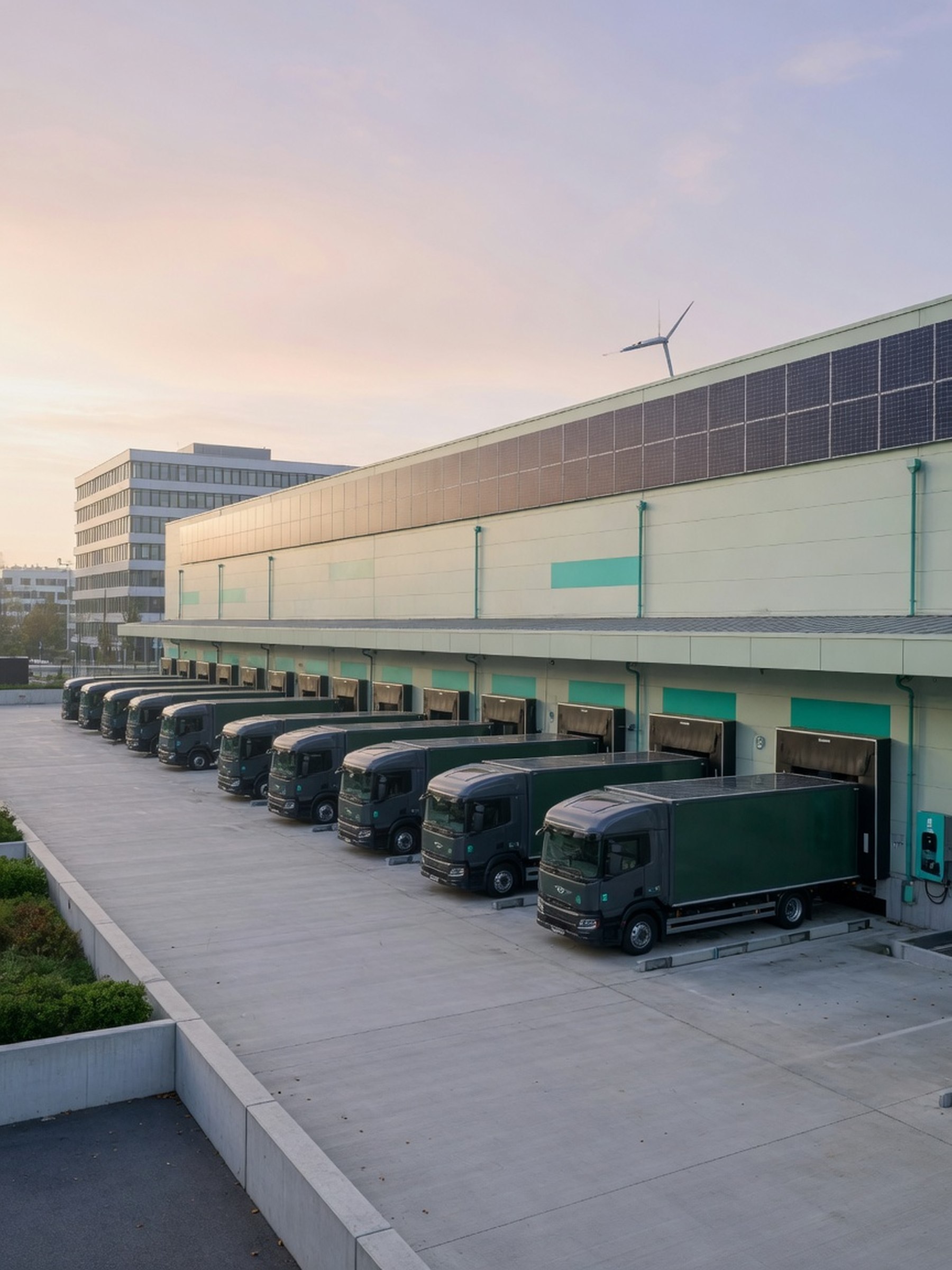 Entrepôt logistique moderne avec quai de chargement et camions, lumière naturelle, sans personne visible