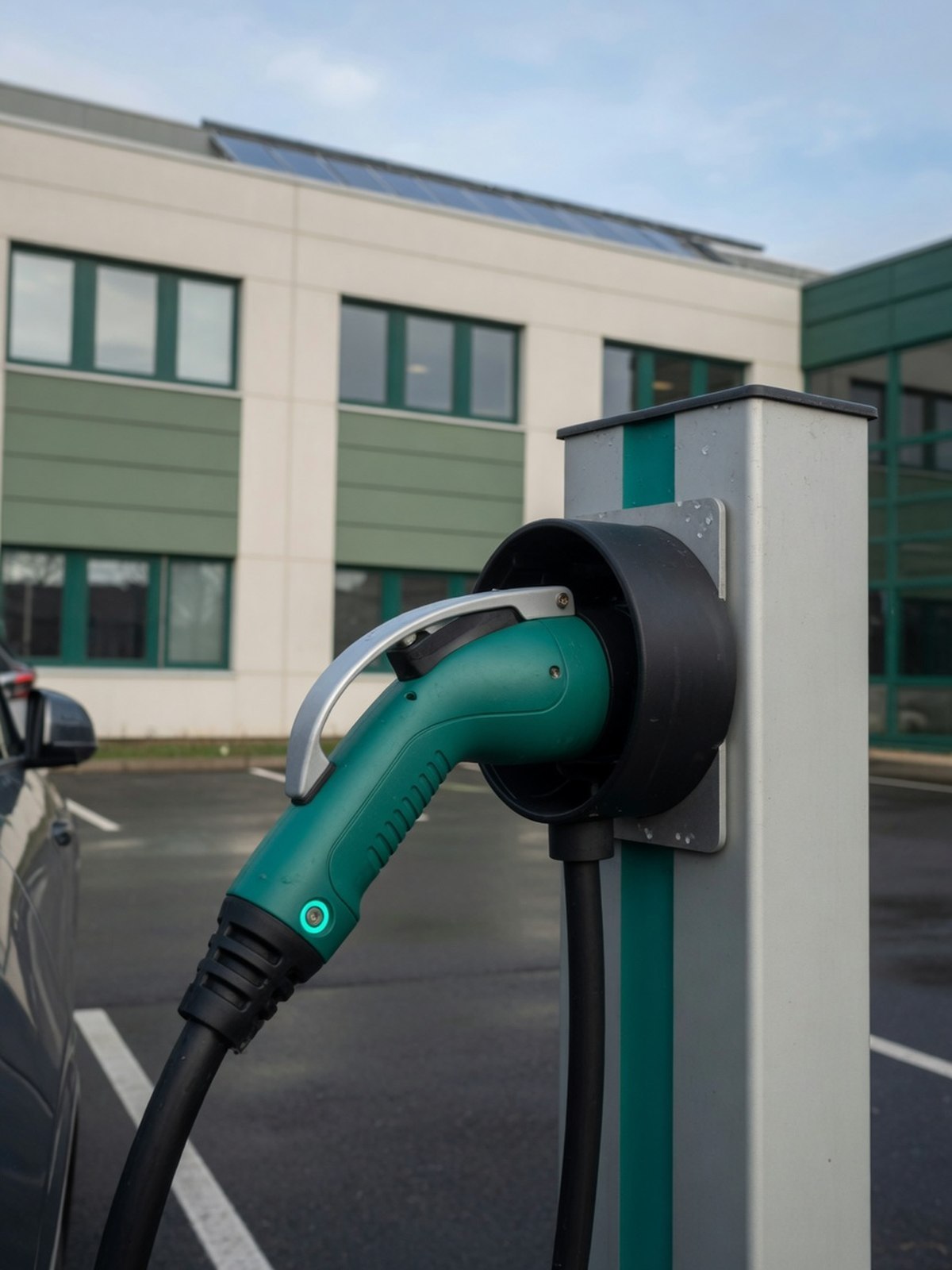 Borne de recharge électrique pour véhicules installée sur le parking d'une entreprise