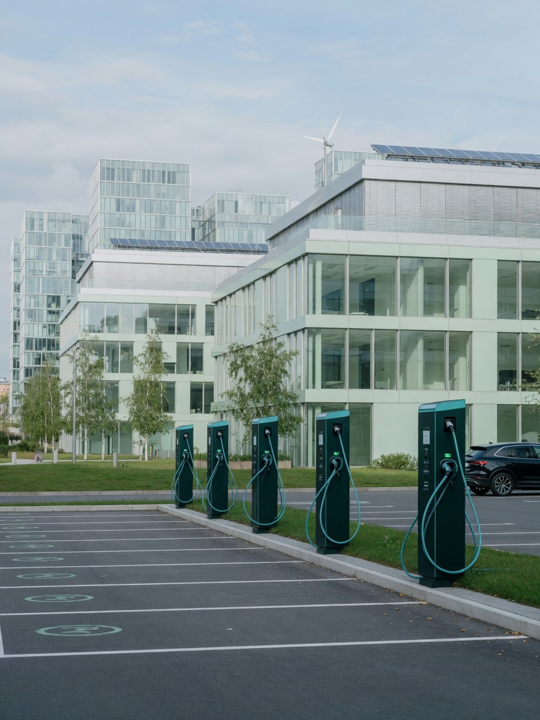 Bornes de recharge électrique installées sur le parking d'un bâtiment d'entreprise moderne au Luxembourg