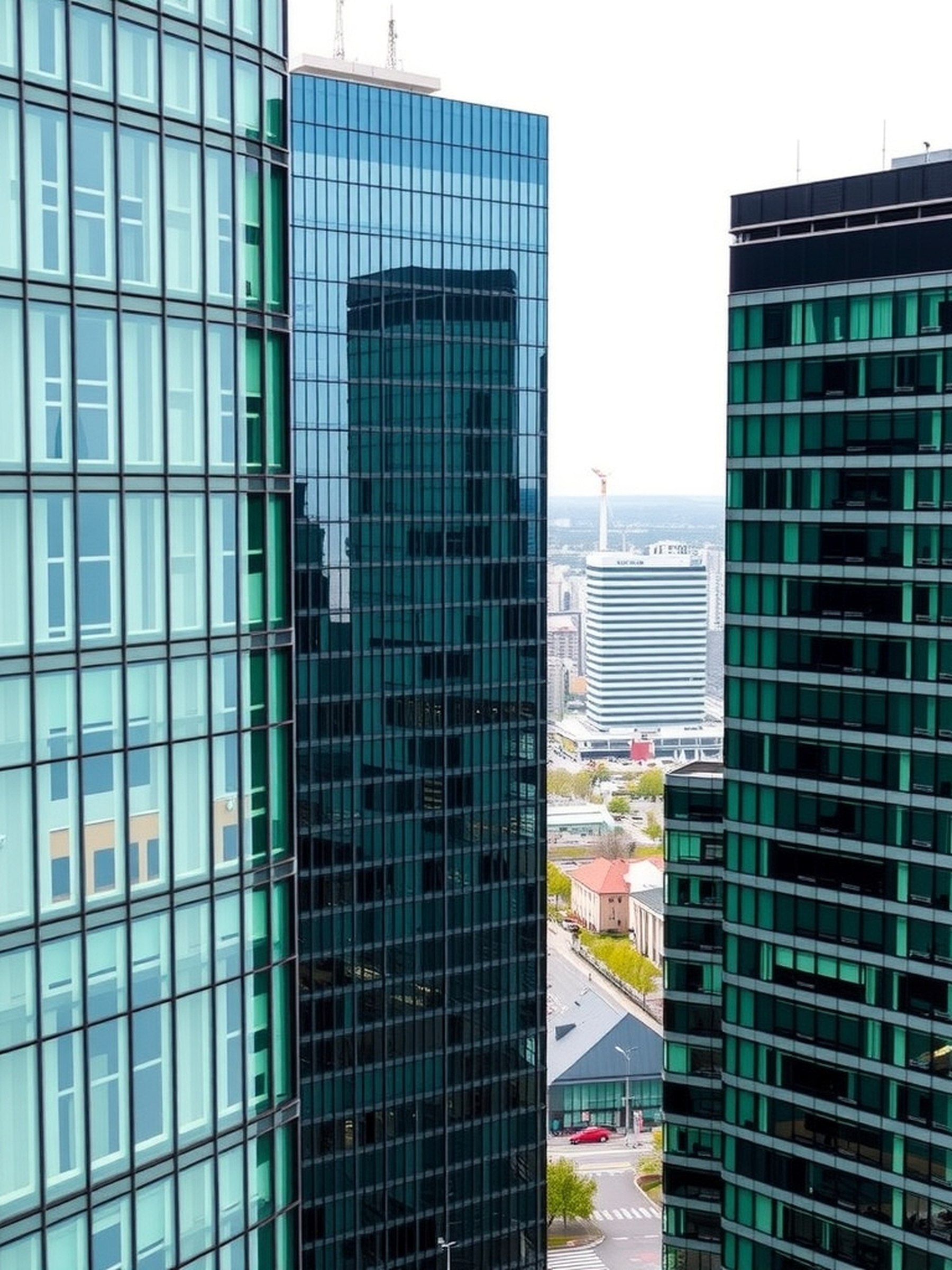 Vue éditoriale de tours de bureaux modernes dans un quartier d'affaires européen, reflets verts et teal sur le verre, lumière naturelle douce