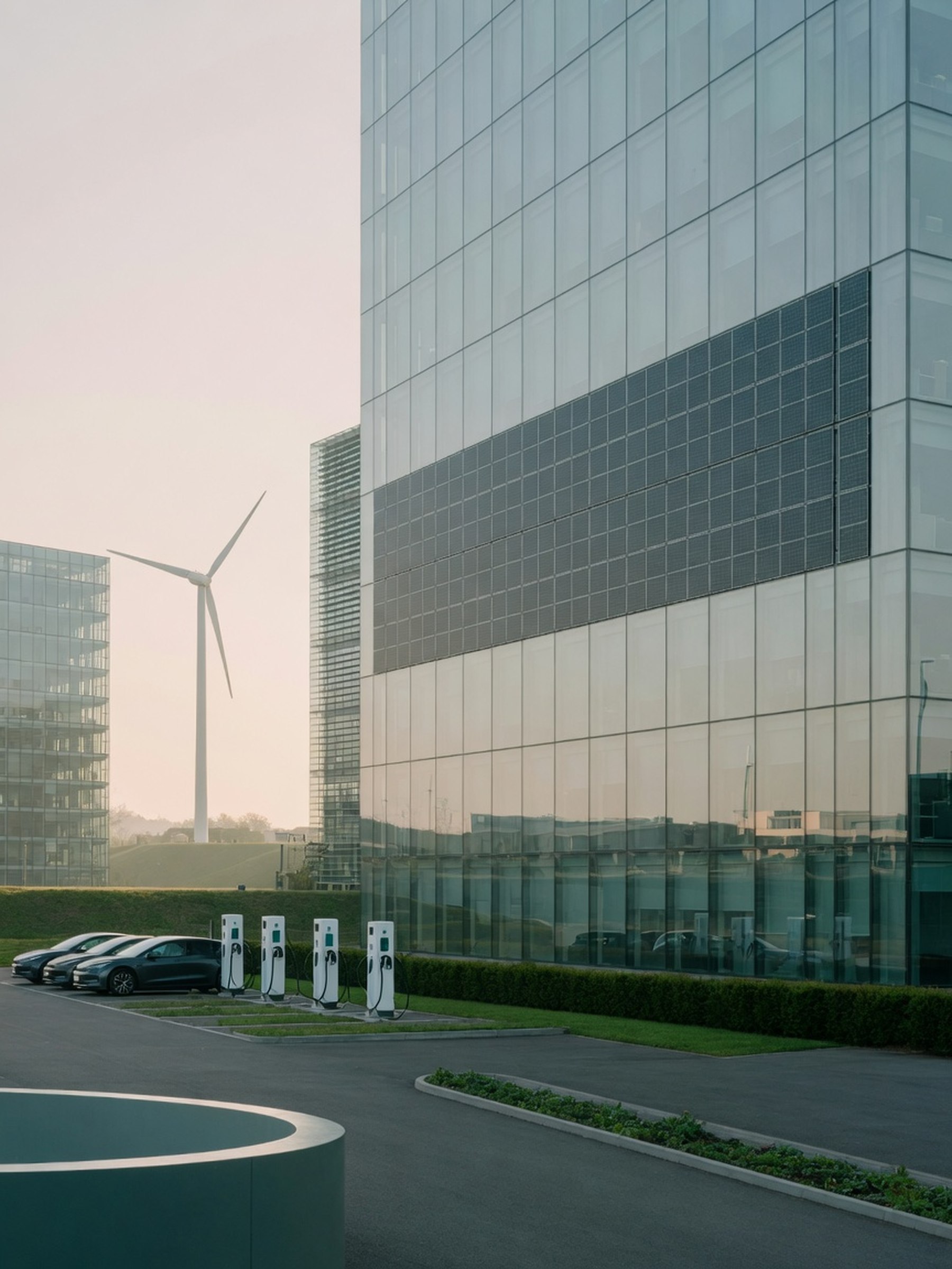 Façade vitrée d'un immeuble de bureaux moderne au Luxembourg, lumière naturelle du matin
