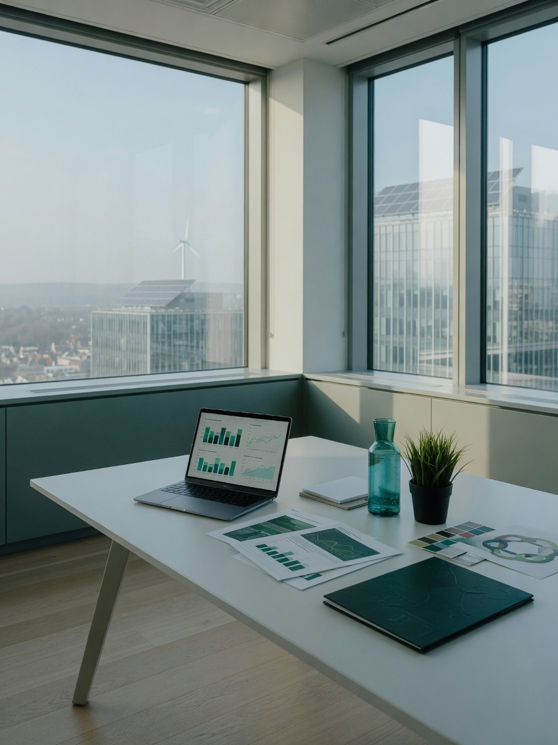 Salle de réunion sobre avec documents de reporting et écran affichant des données, sans personne visible