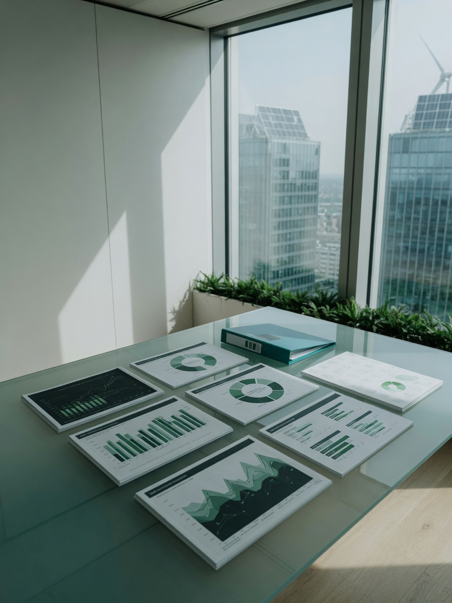 Salle de réunion sobre avec documents de reporting et graphiques financiers, lumière naturelle, aucune personne visible