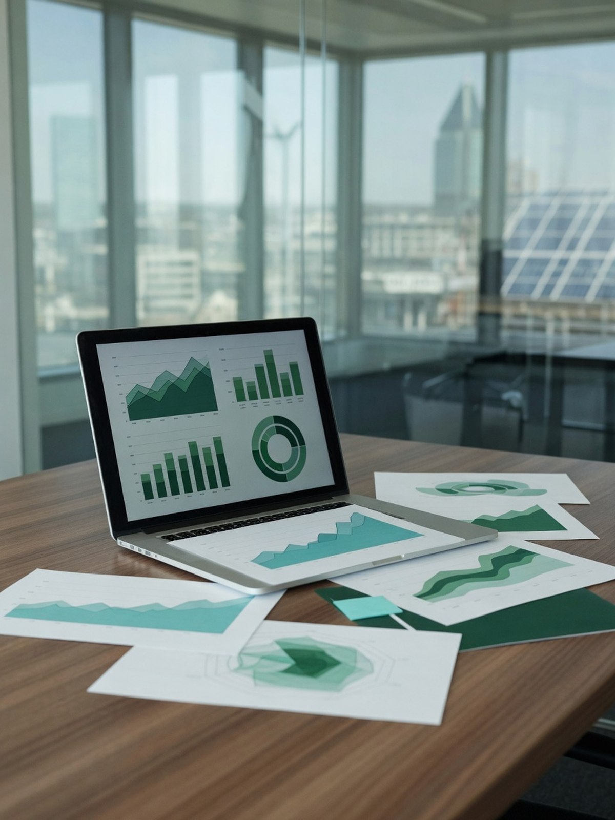 Table de réunion avec écran et documents de reporting affichant des graphiques de données ESG
