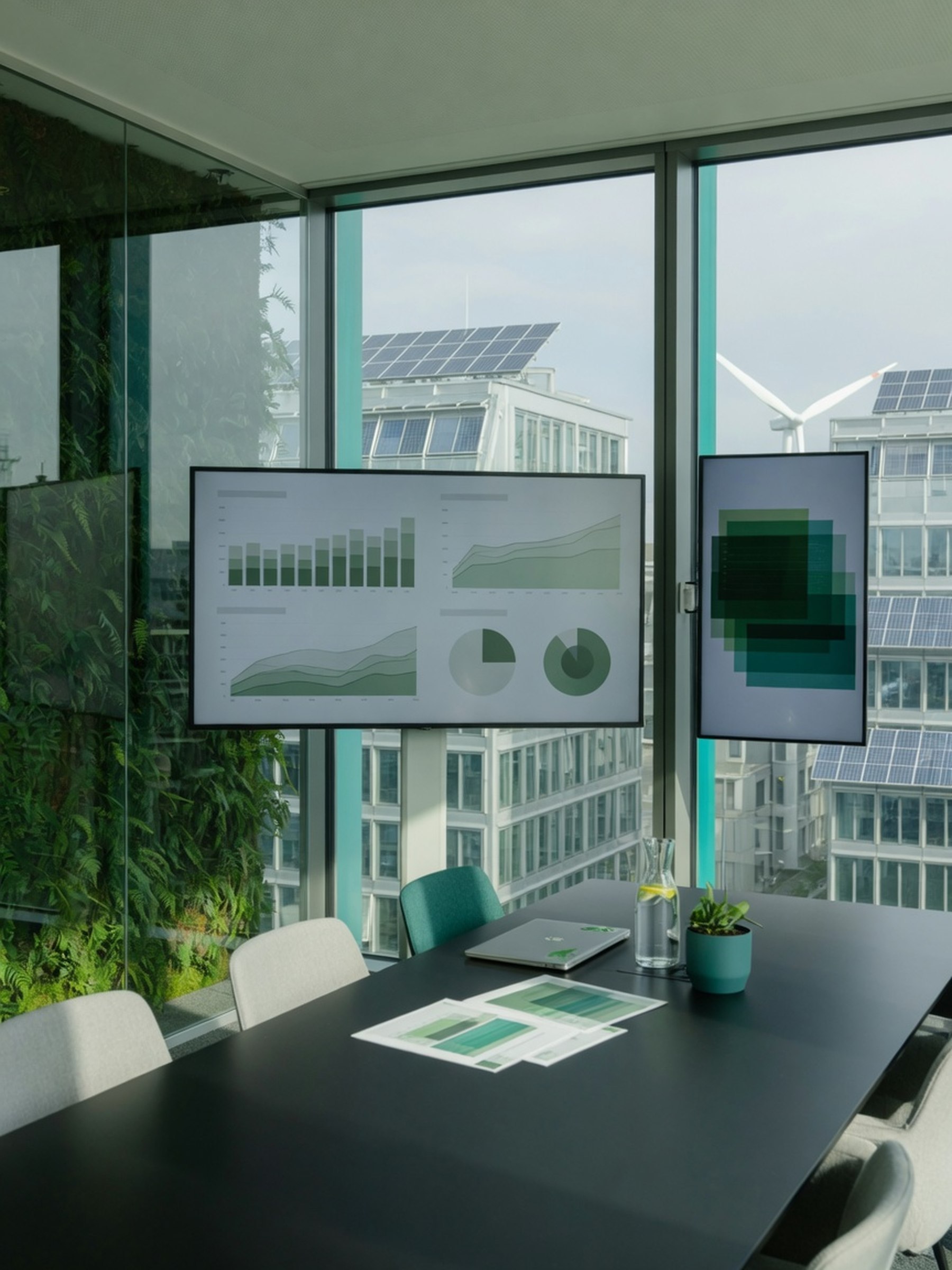 Salle de réunion sobre avec écrans affichant des tableaux de reporting et des graphiques de données, lumière naturelle, accent vert et teal