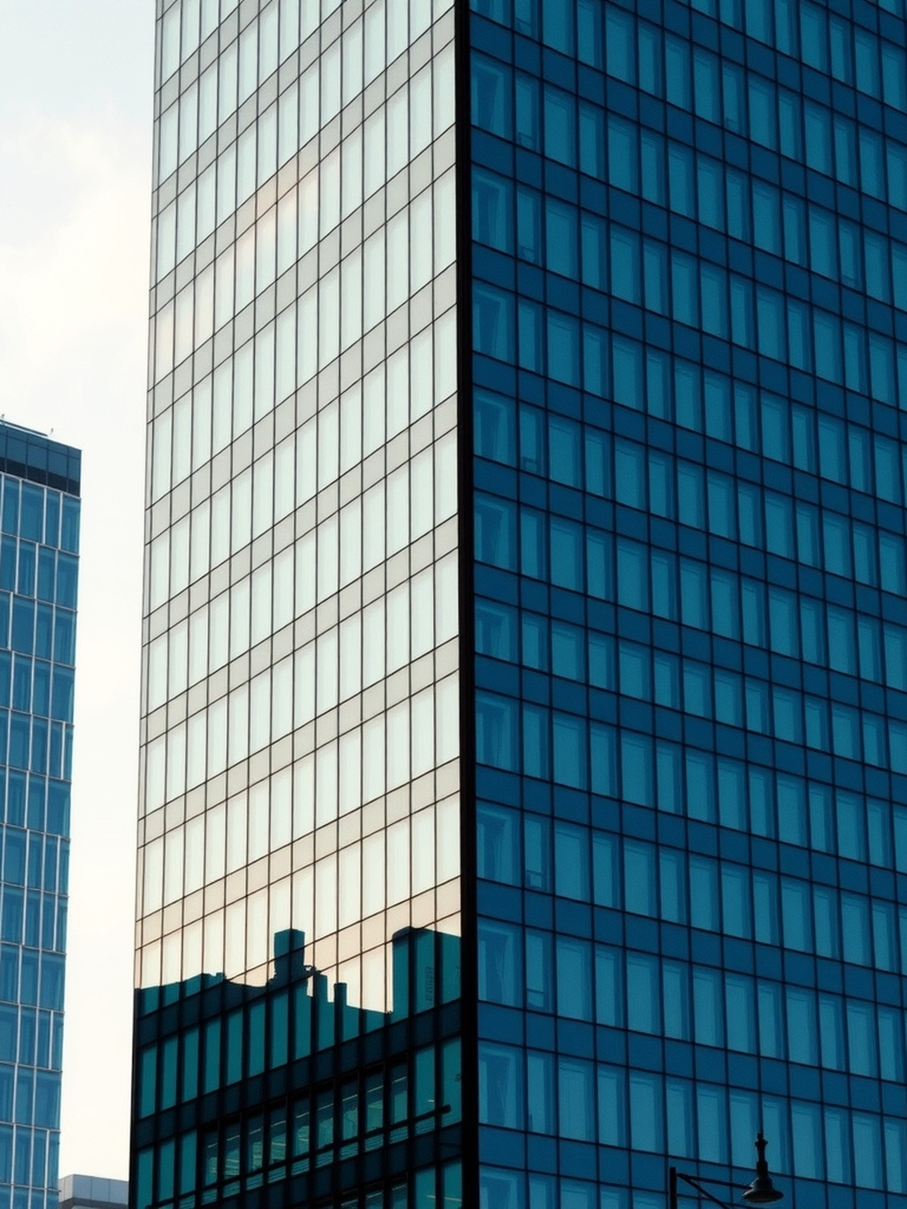 Tour de bureaux moderne dans un quartier d'affaires, architecture en verre, lumière naturelle, aucune personne visible.
