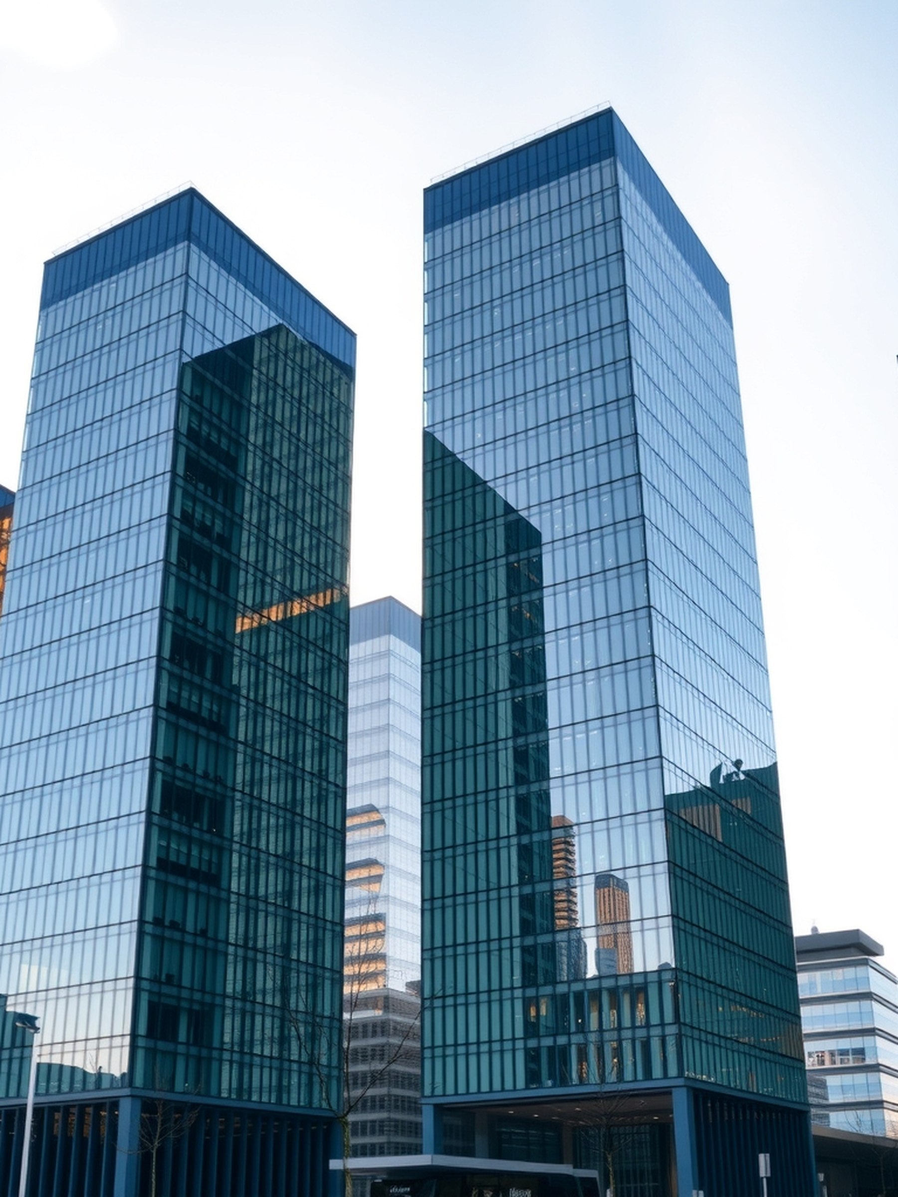 Vue extérieure de tours de bureaux modernes en verre dans le quartier d'affaires de Kirchberg à Luxembourg, sous une lumière naturelle douce.