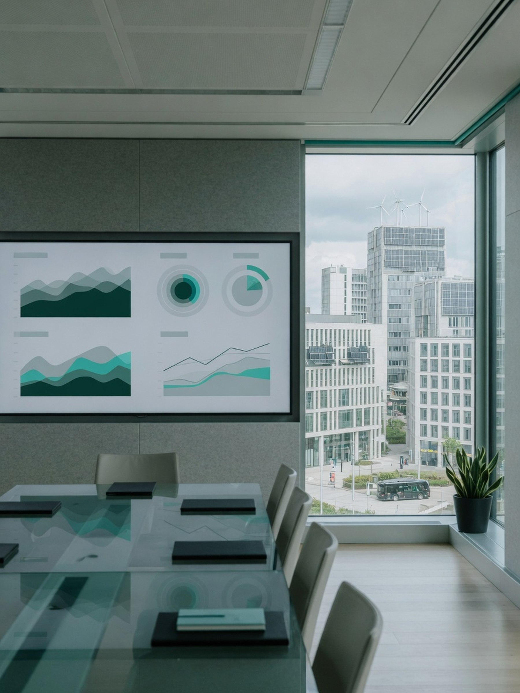 Salle de réunion sobre avec écran affichant des données de reporting durabilité, tours de bureaux modernes visibles en arrière-plan