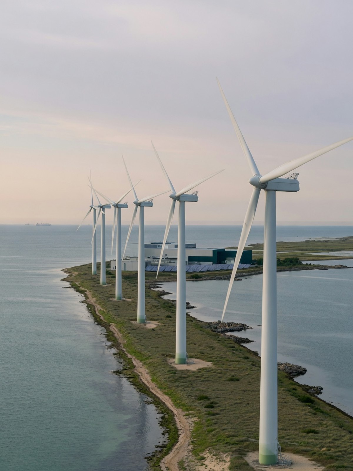 Éoliennes dans un paysage côtier, illustrant un projet de parc éolien mené à l'étranger