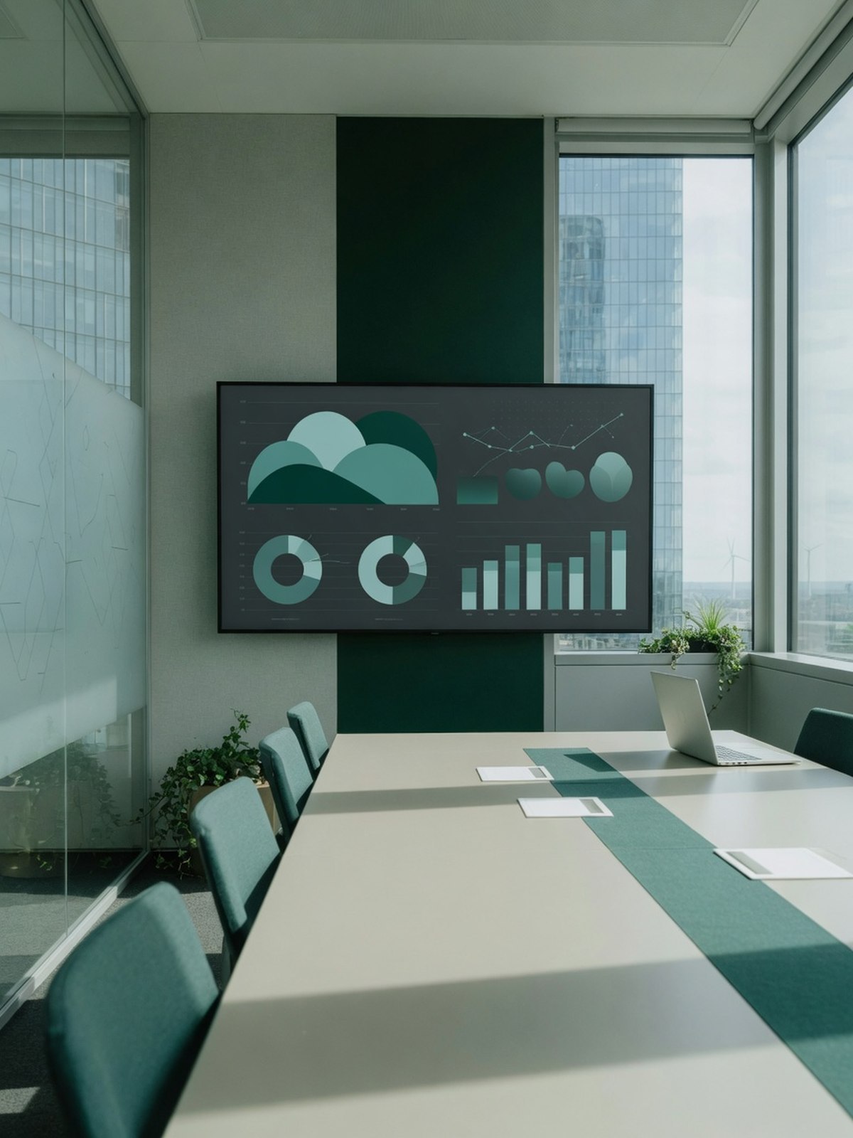 Salle de réunion avec écran affichant un tableau de bord de données de durabilité, sans personne visible