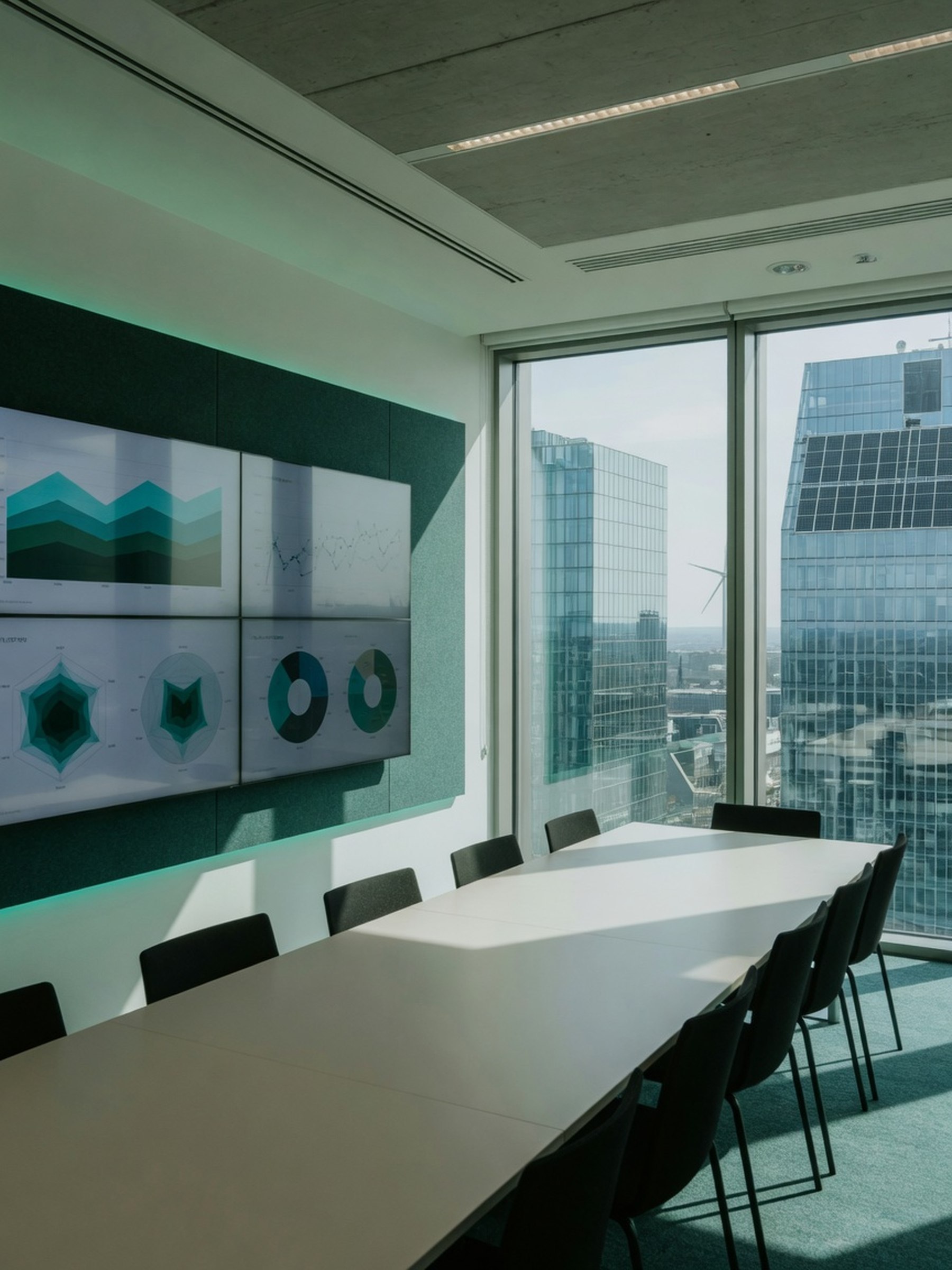Salle de réunion sobre avec écrans de reporting affichant des graphiques de données, lumière naturelle, accent teal, aucune personne visible