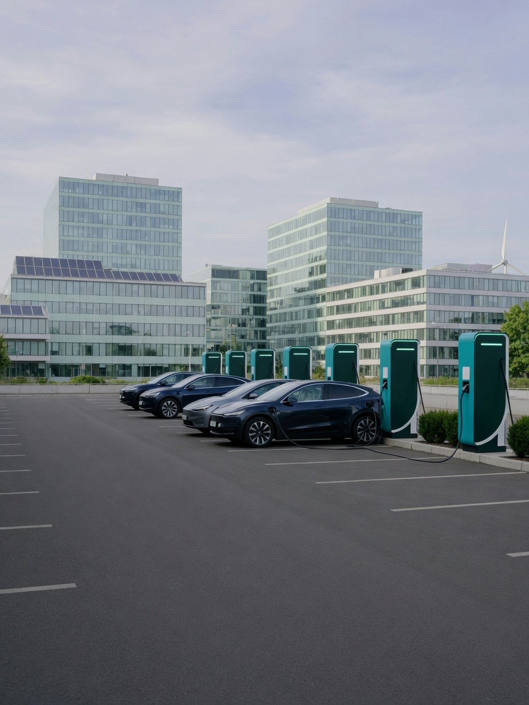 Voitures électriques de flotte d'entreprise branchées sur des bornes de recharge dans un parking d'un quartier d'affaires luxembourgeois.