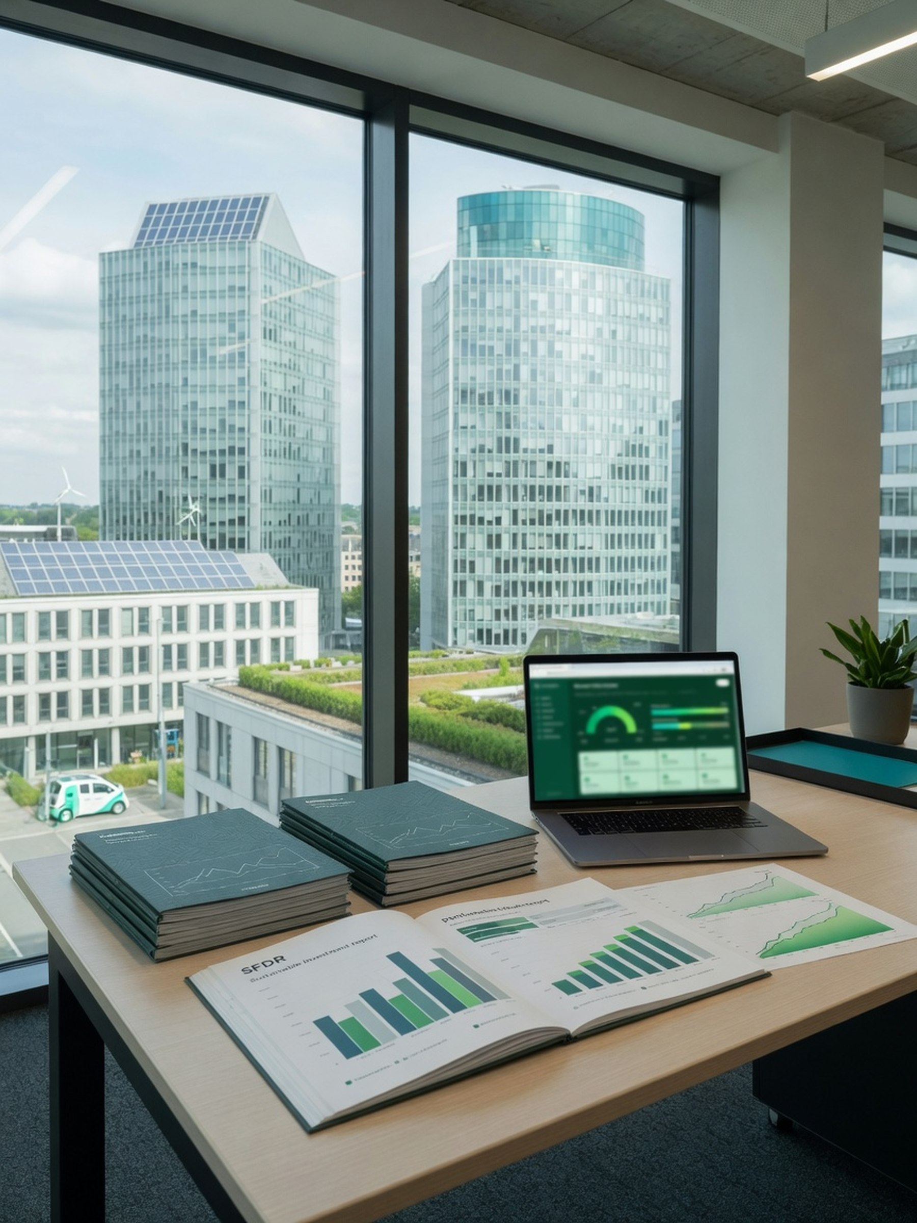 Salle de réunion sobre avec documents de reporting financier et écran affichant des graphiques de durabilité, sans personne visible