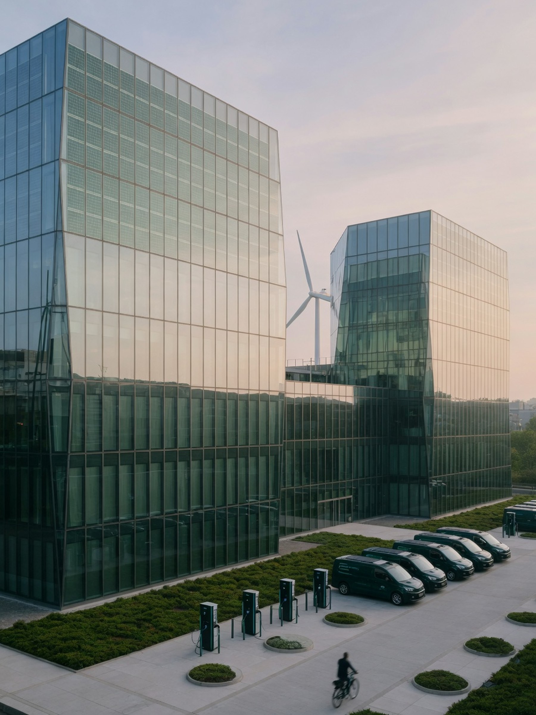 Tours de bureaux modernes du quartier financier de Luxembourg au lever du jour, façades de verre reflétant une lumière douce