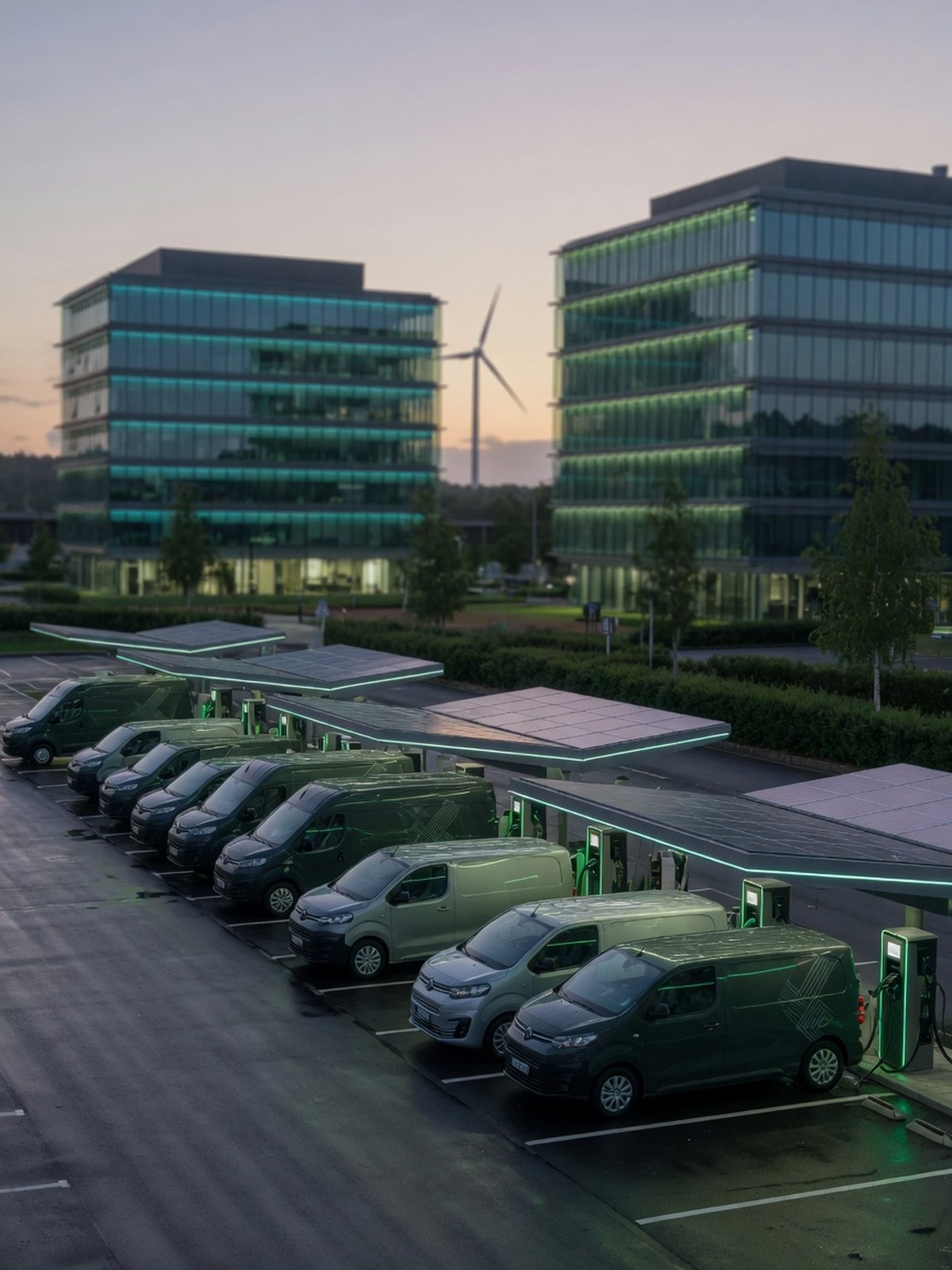 Véhicules électriques de flotte d'entreprise en recharge dans un parc d'affaires.