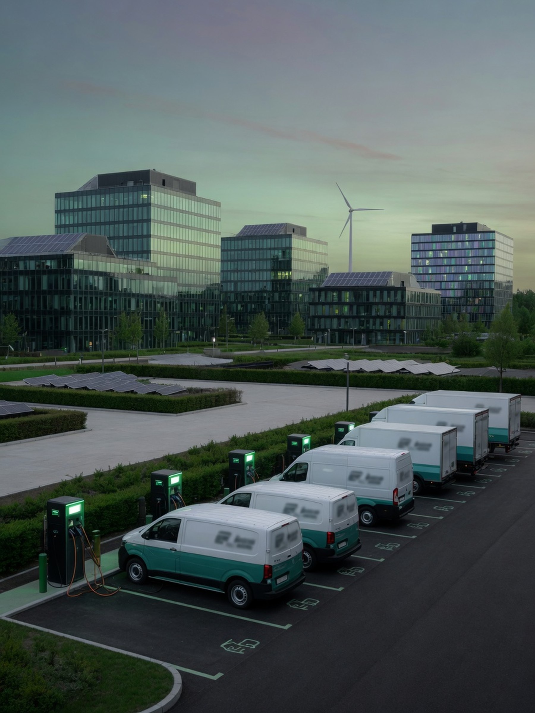 Véhicules électriques de flotte d'entreprise en recharge dans un parc d'affaires luxembourgeois.