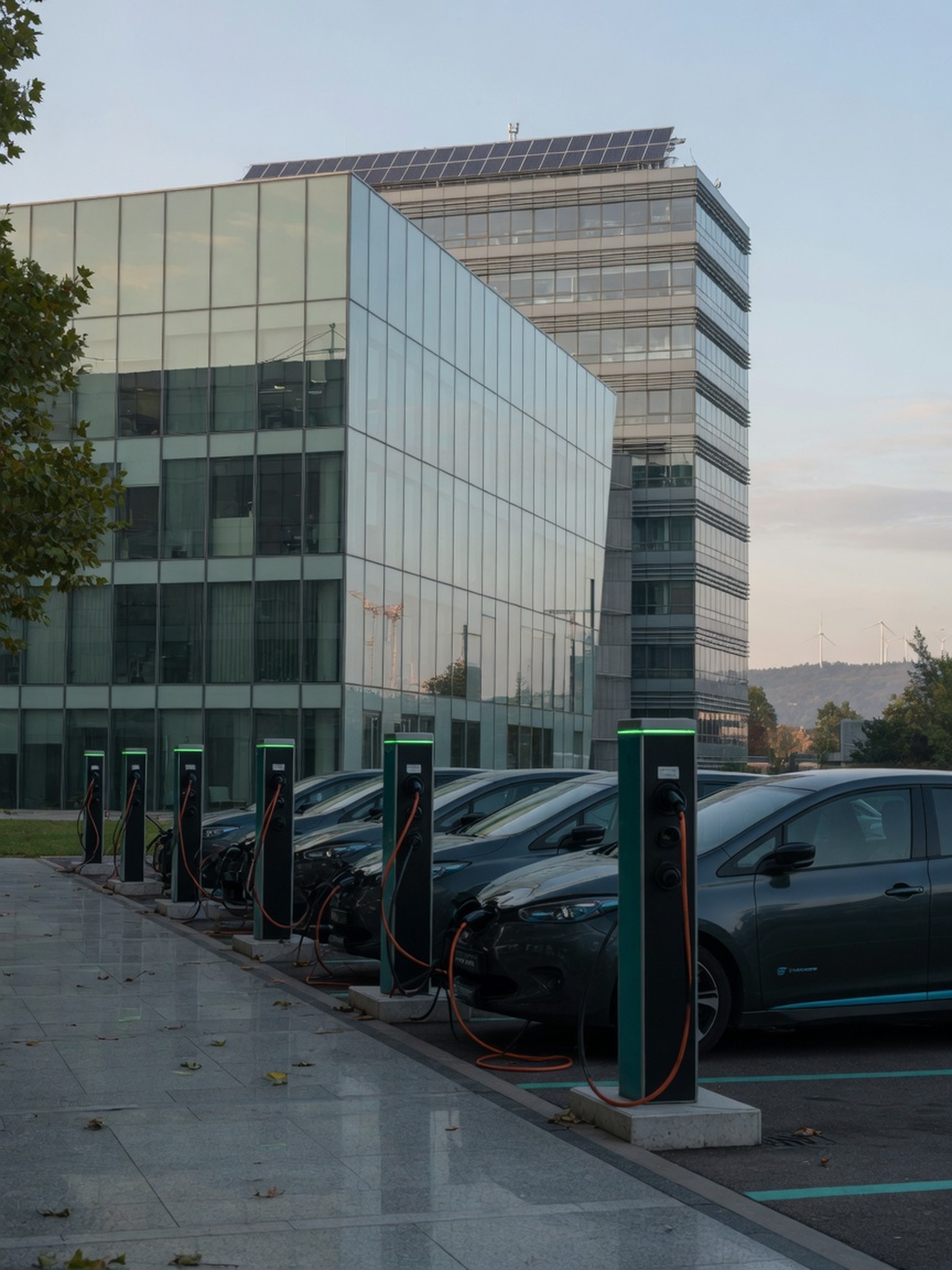Rangée de voitures électriques de flotte d'entreprise en charge devant un immeuble de bureaux moderne au Luxembourg, lumière naturelle