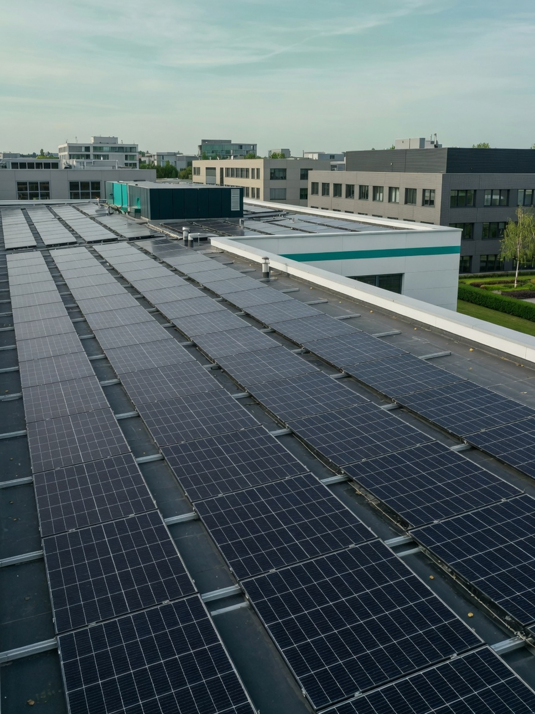 Toiture industrielle équipée de panneaux photovoltaïques dans une zone d'activité économique au Luxembourg