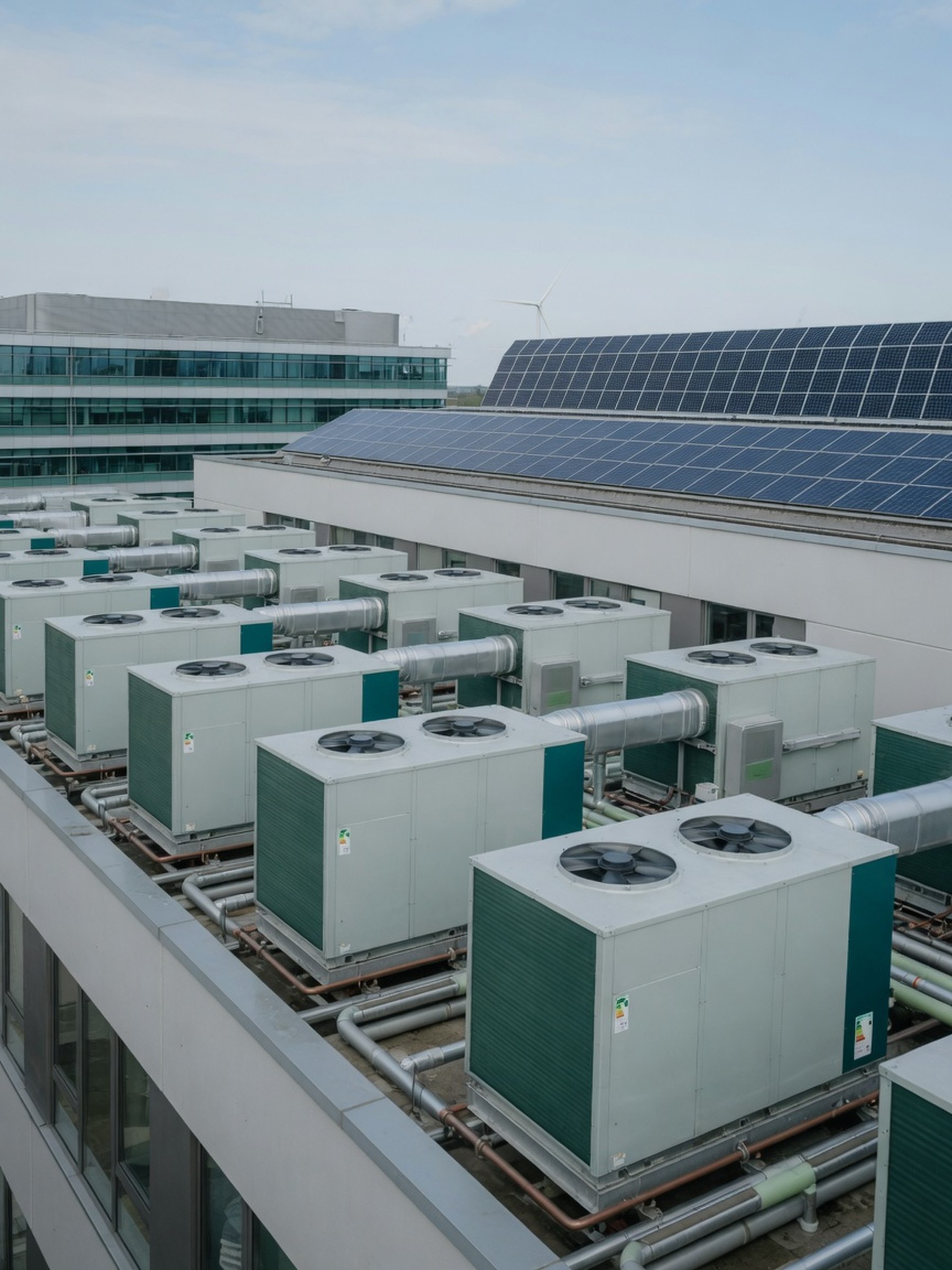 Unités de pompe à chaleur installées sur le toit d'un bâtiment tertiaire moderne, sans personne visible.