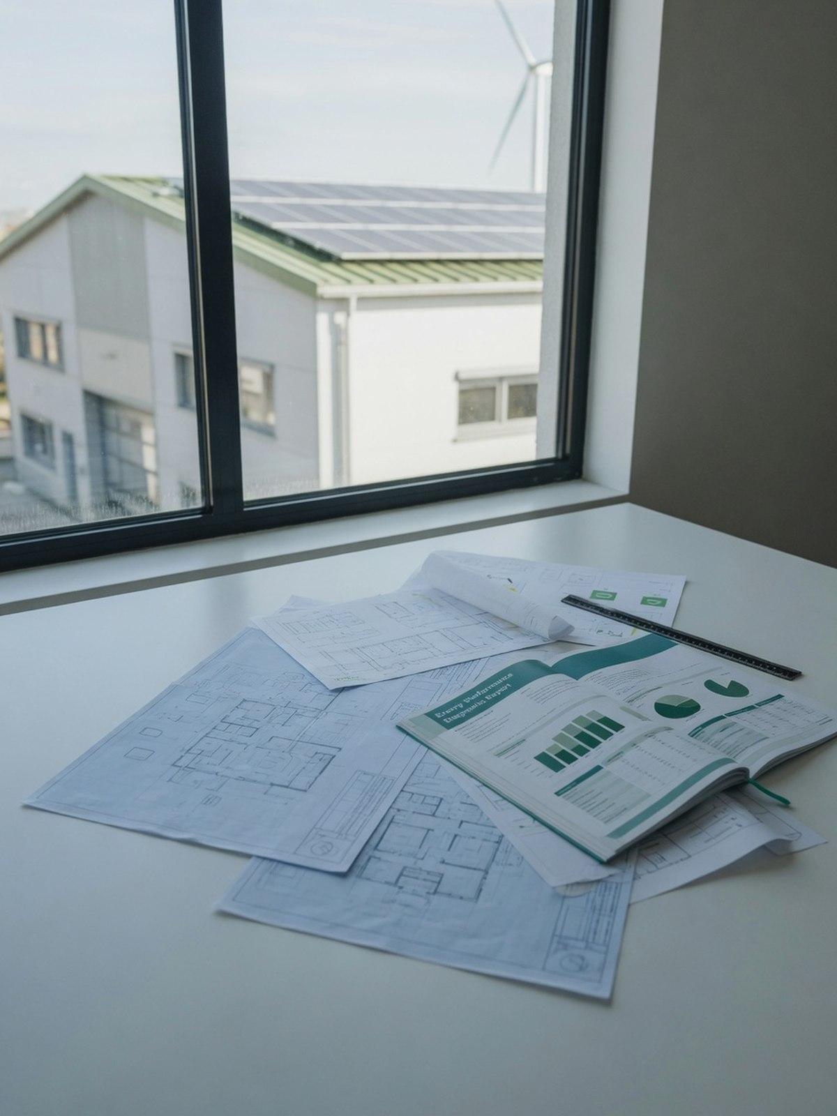 Étude de faisabilité énergétique et plan de rénovation posés devant un bâtiment tertiaire, sans intervenant visible