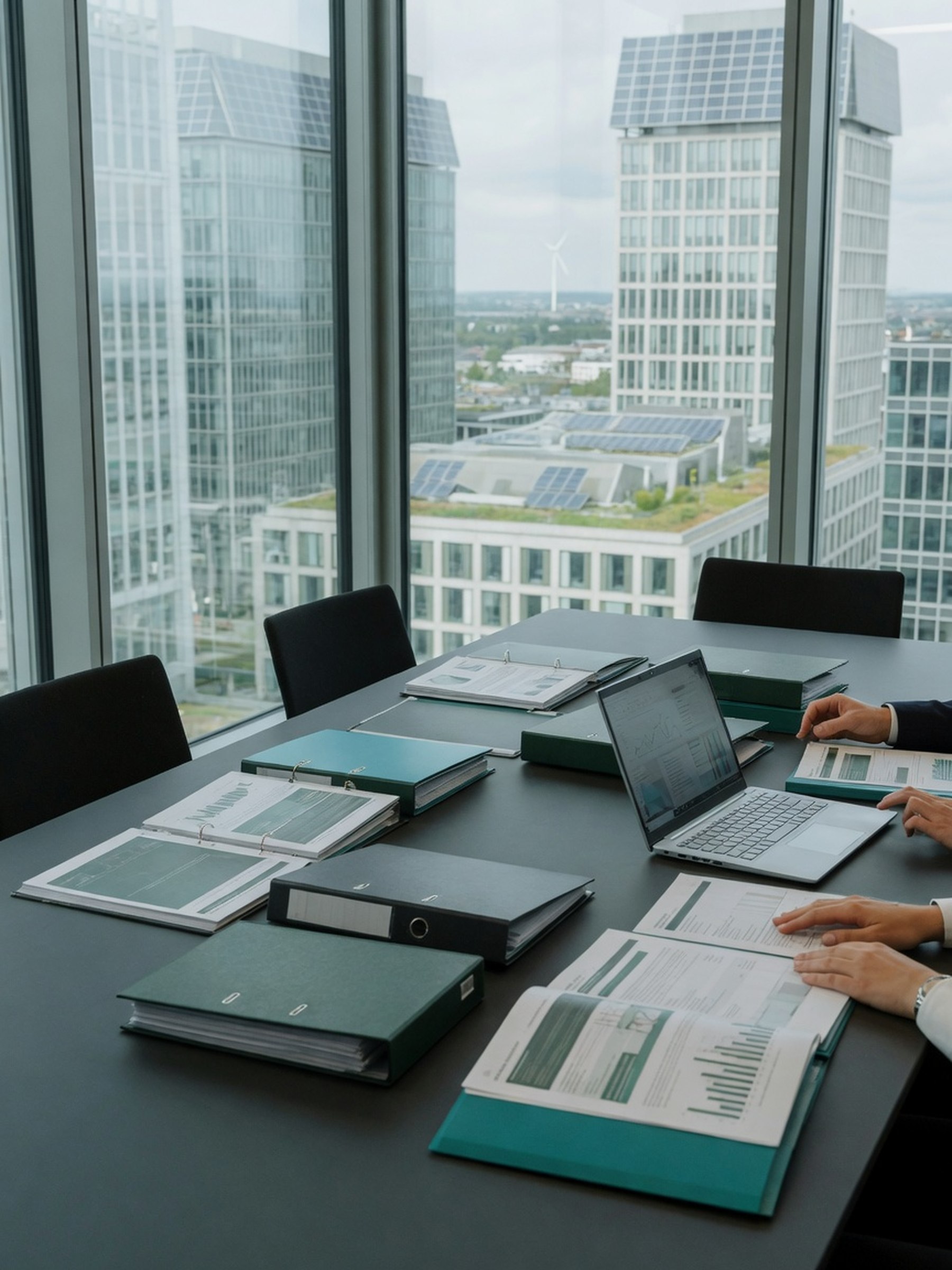 Salle de réunion sobre avec documents de reporting financier et graphiques de durabilité sur une table, lumière naturelle