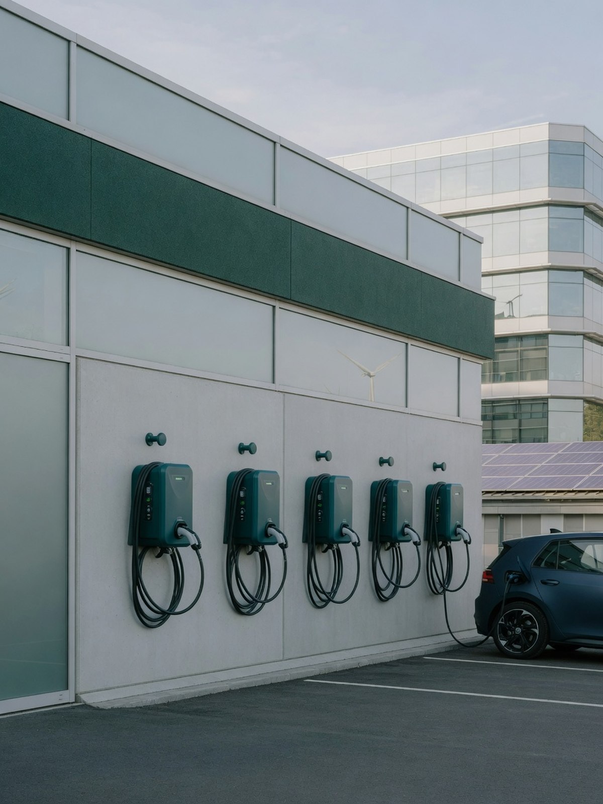 Bornes de recharge AC installées le long d'un bâtiment d'entreprise moderne.