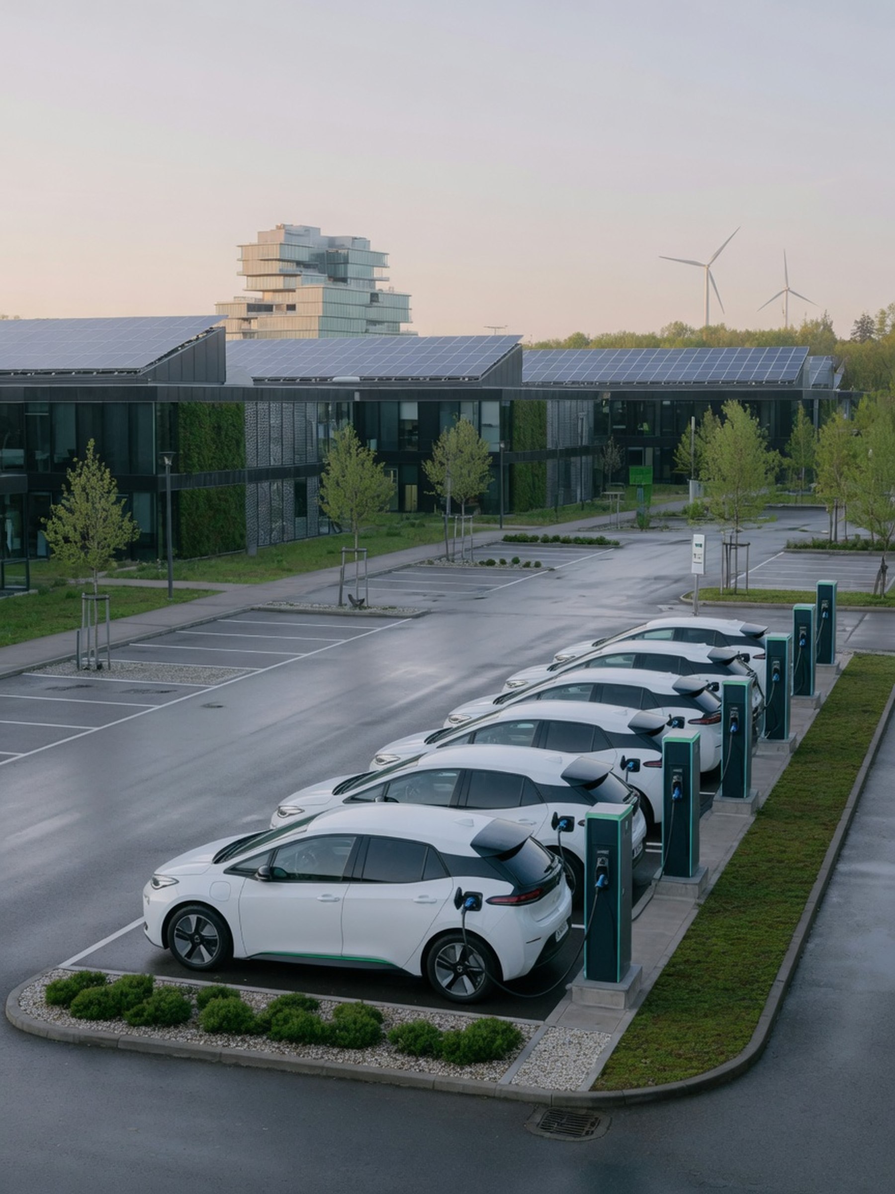Voitures électriques de flotte d'entreprise branchées à des bornes de recharge dans un parking d'affaires moderne, lumière du matin.